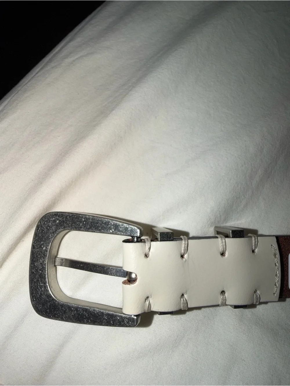 Women’s Cream Leather Belt with Silver Buckle